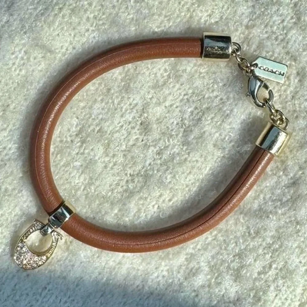 Vintage Coach Leather Bracelet Pave Signature C Charm Honey Brown Cord Gold Tone - Picture 5 of 6